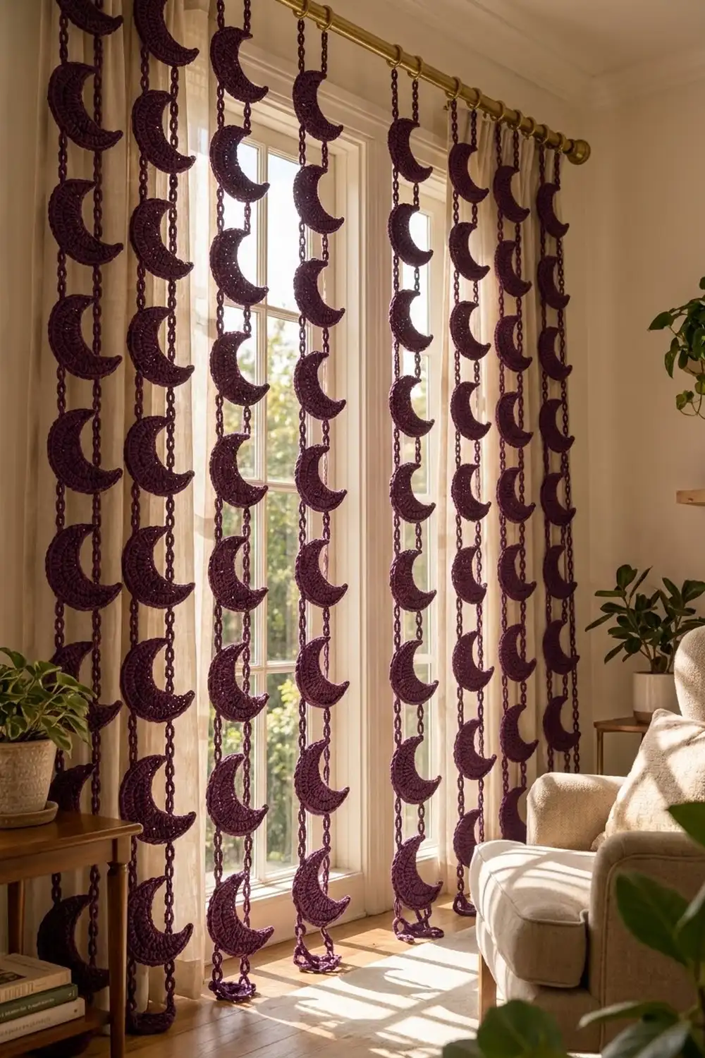 Burgundy crocheted moon chains hanging from a brass rod in a sunlit living room with potted plants and cream furniture.