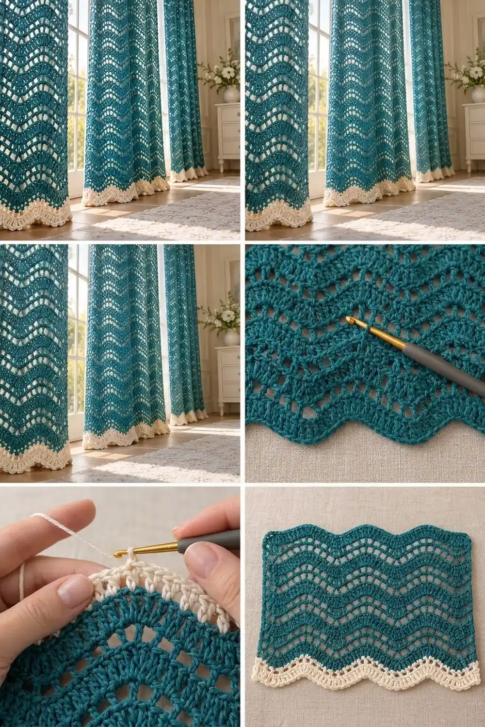 Teal crocheted lace curtains with cream scalloped edges draped in a bright, neutral-toned interior space.