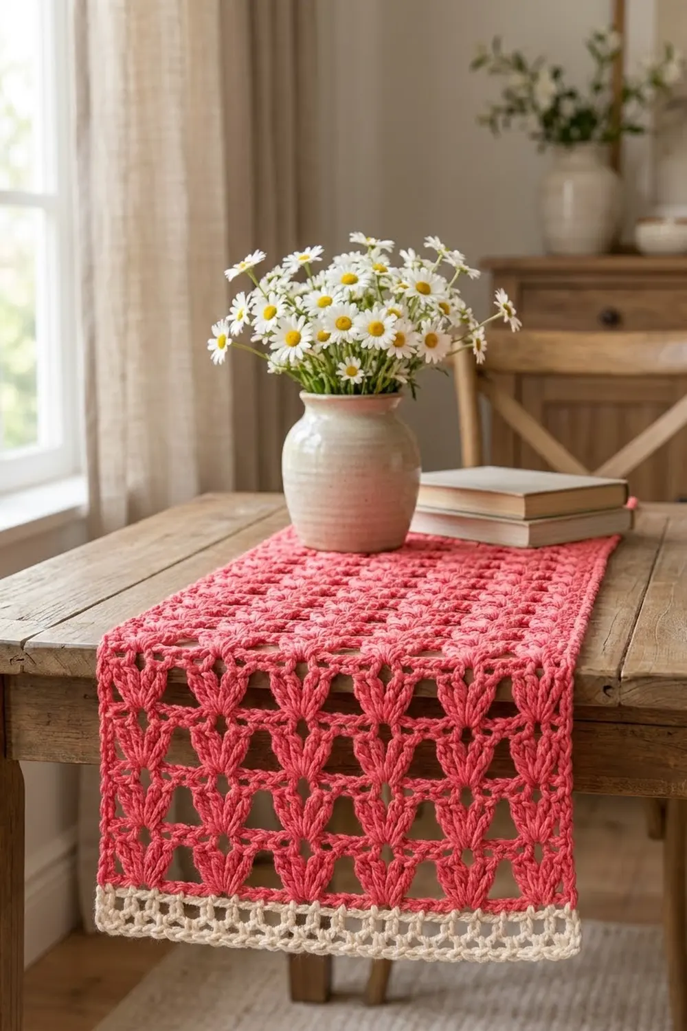 Coral crocheted table runner with cream lace trim styled on wooden table with white daisies in ceramic vase and books.
