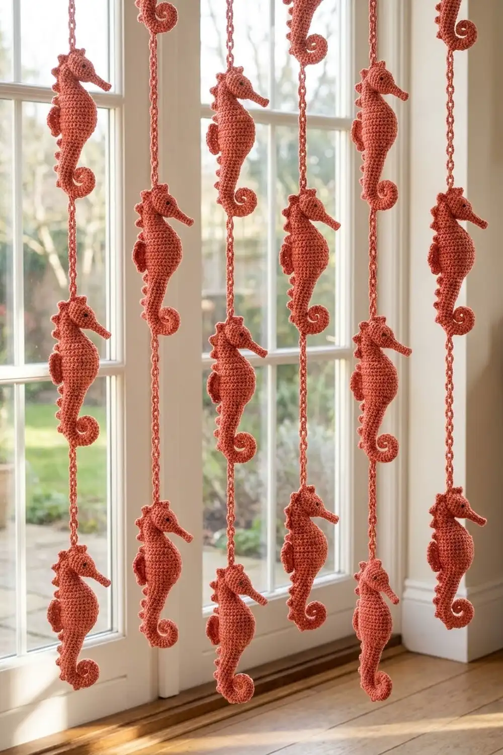 Rust-red crocheted seahorse ornaments suspended by chains hanging in a bright window.