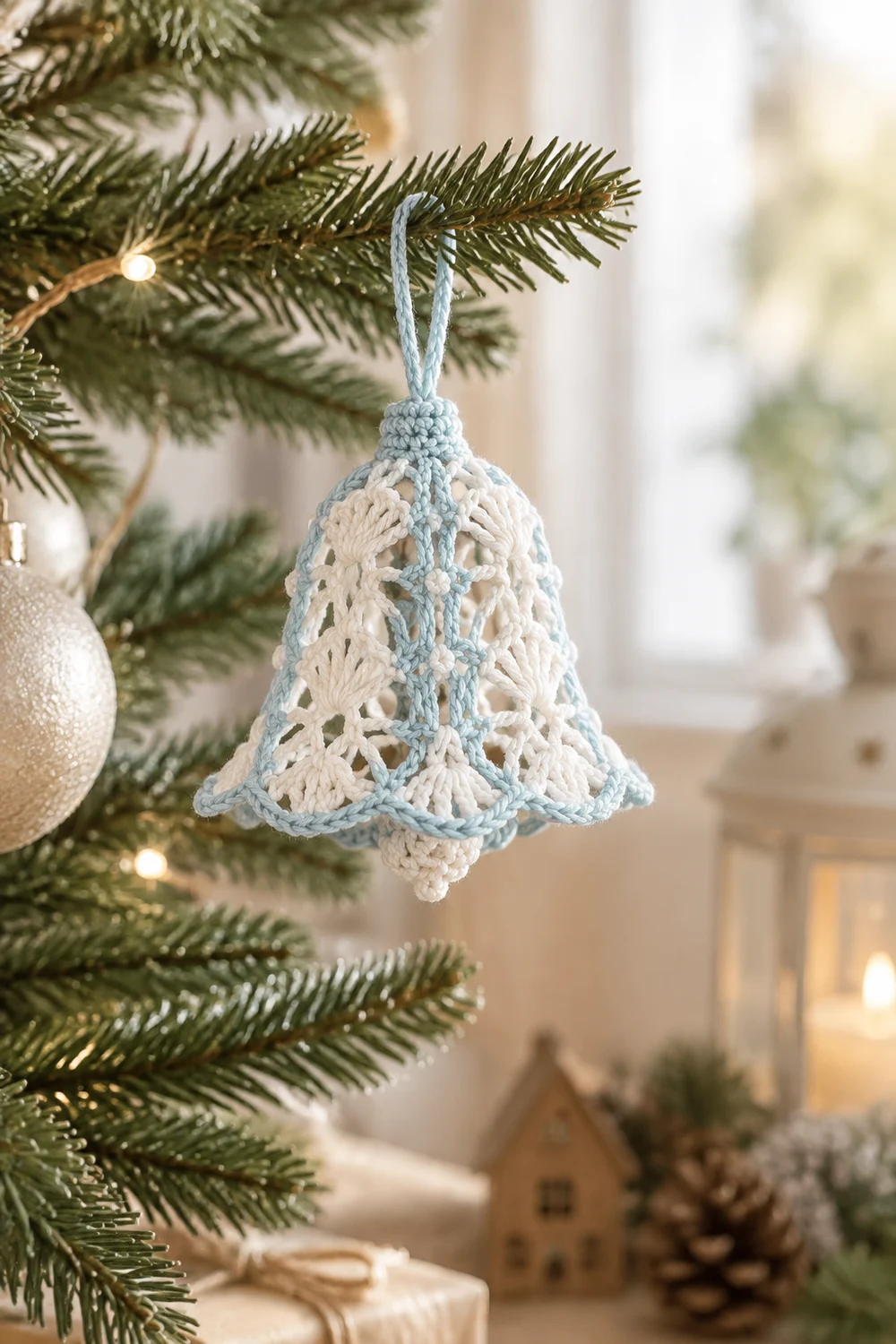 A crocheted cream and light blue bell ornament hangs from an evergreen branch beside a champagne-colored bauble.