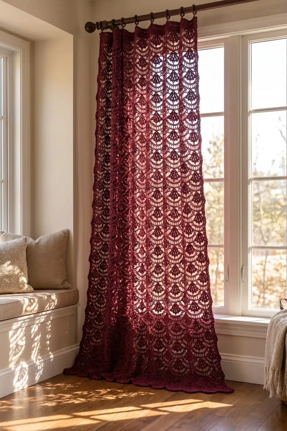 Burgundy lace curtain with ornate damask design hanging on a large window in a bright, neutral-toned living room.