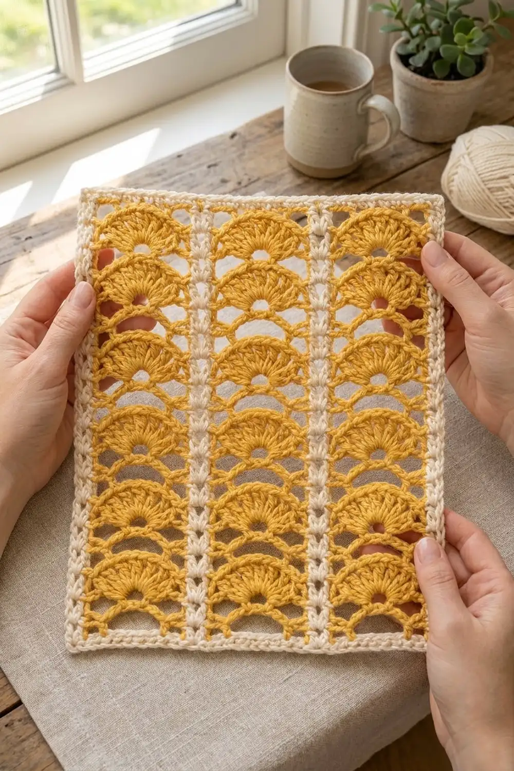 Hands holding a golden-yellow and cream crochet square with shell pattern, displayed on the crafter's lap by a sunny window.