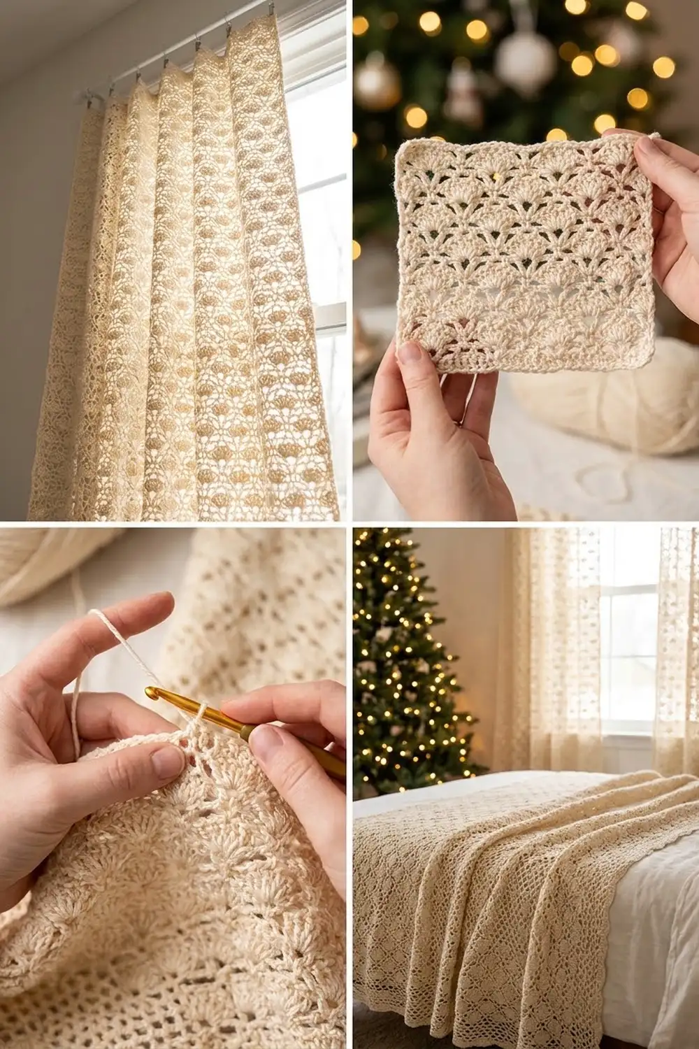 Cream crocheted throw displayed at window, held in hands, and draped on bed with festive holiday lights.