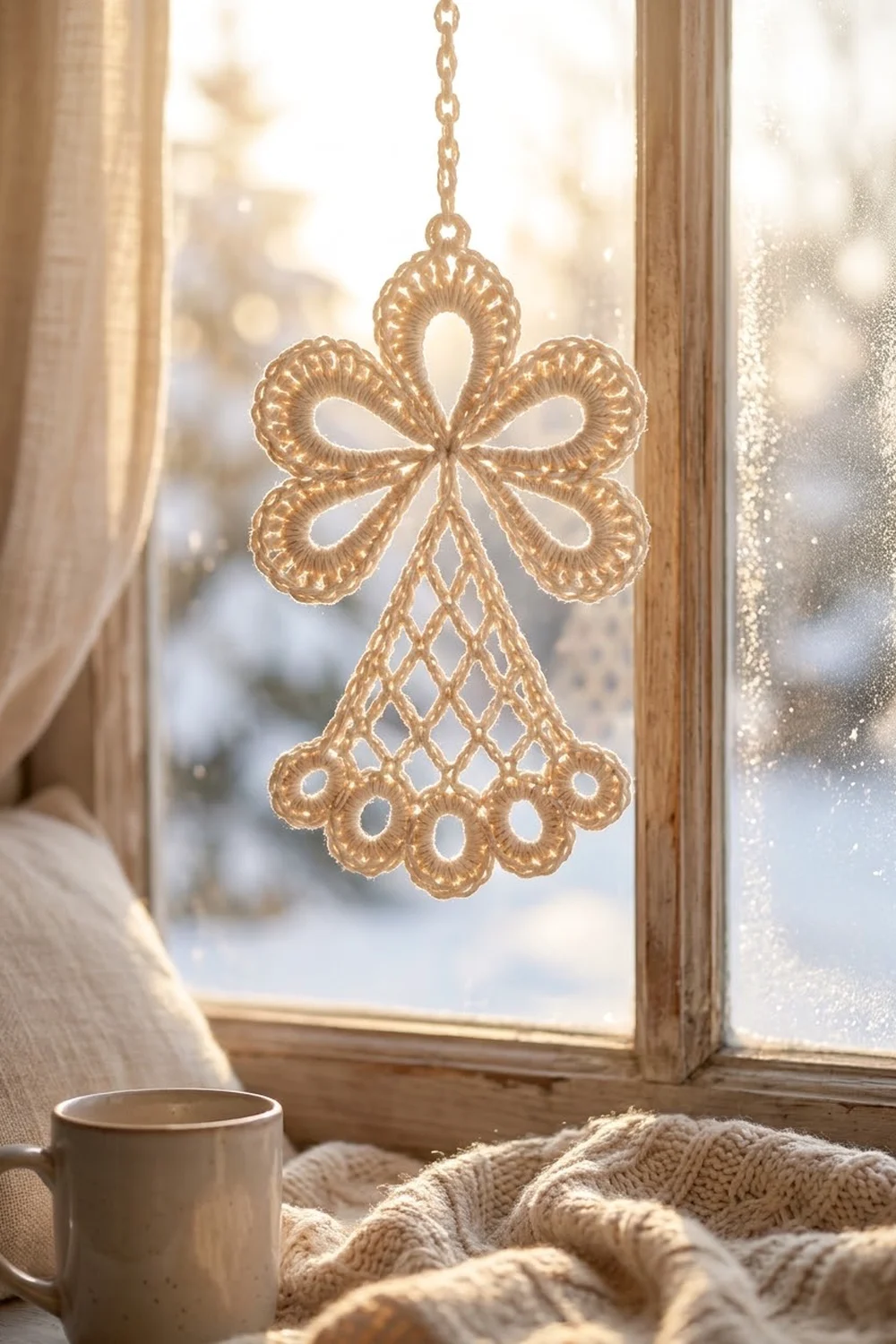 Beige crocheted lace ornament with flower design hanging in snowy window beside mug and knit sweater.