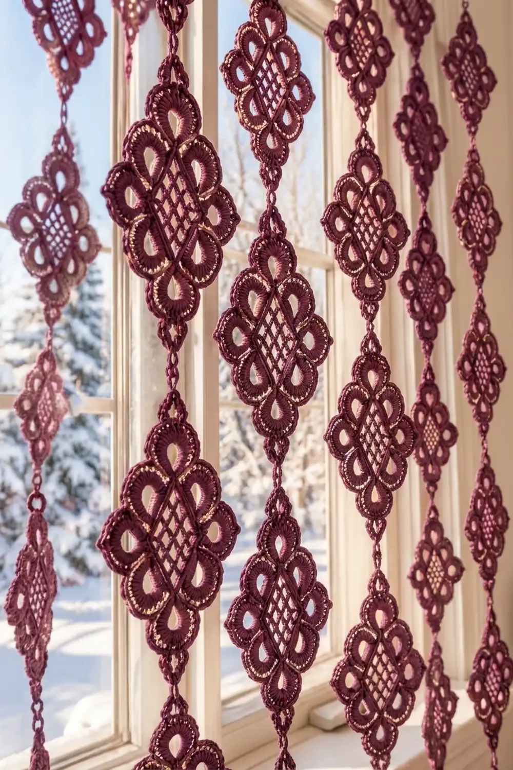 Burgundy crocheted lace medallion ornaments with intricate openwork patterns hang in a window with a snowy view.