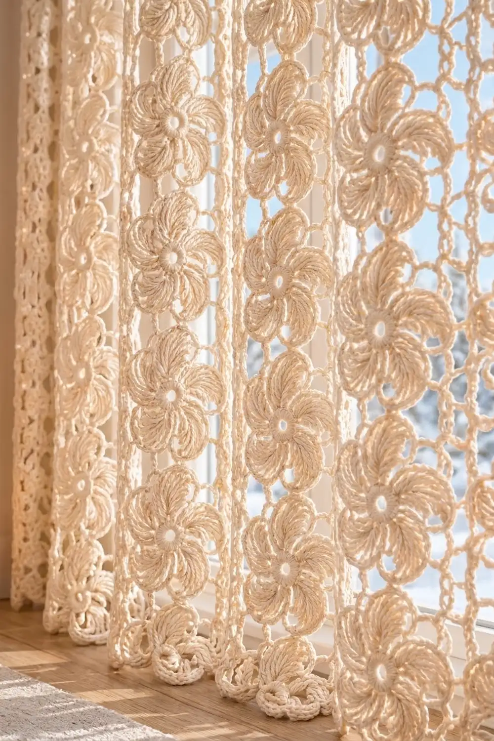 Cream crochet curtain with flower medallion motifs hanging at window, filtering natural light into room.