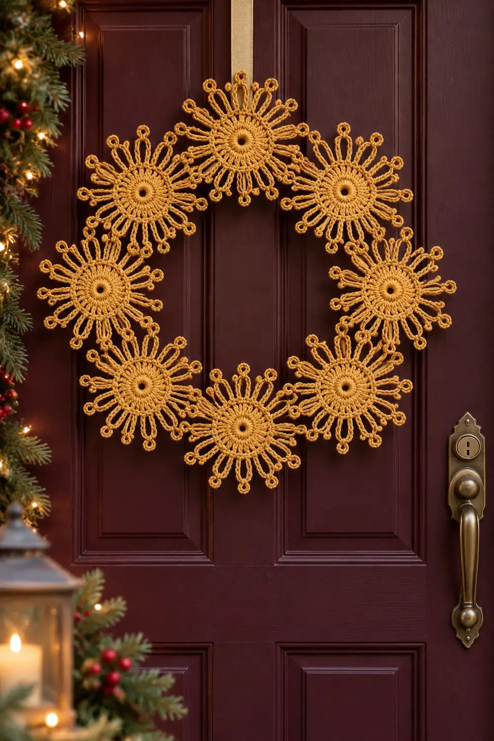 A golden sunburst wreath hangs on a burgundy door beside evergreen garland with Christmas lights.