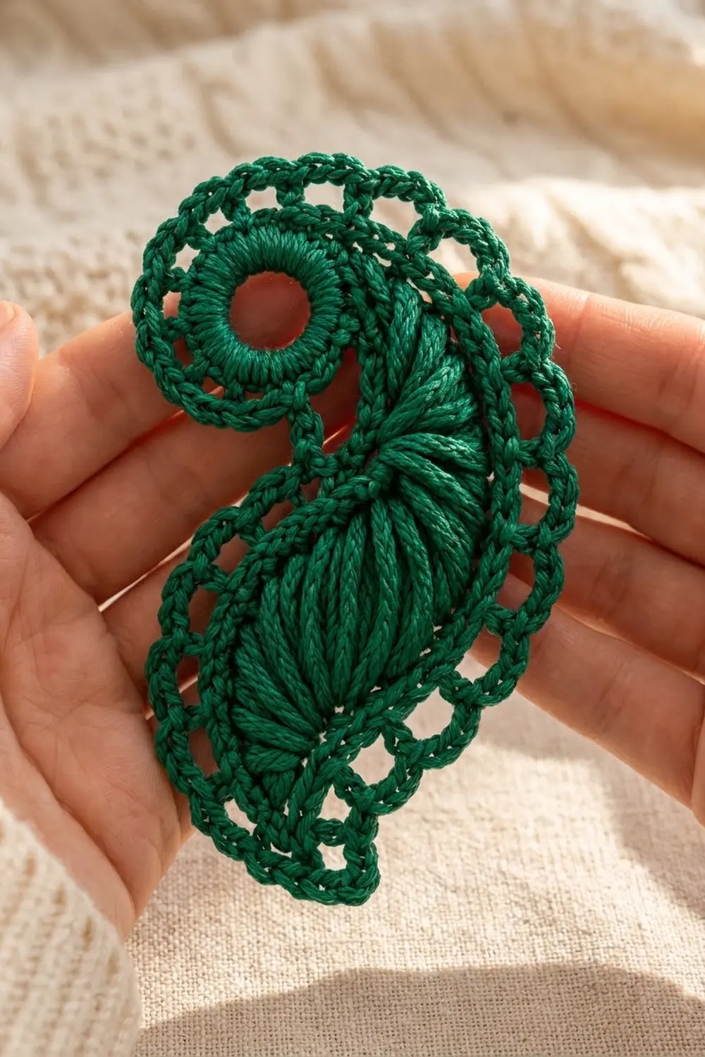 Green crocheted owl with terracotta button eye held in hands against a soft beige knitted background.