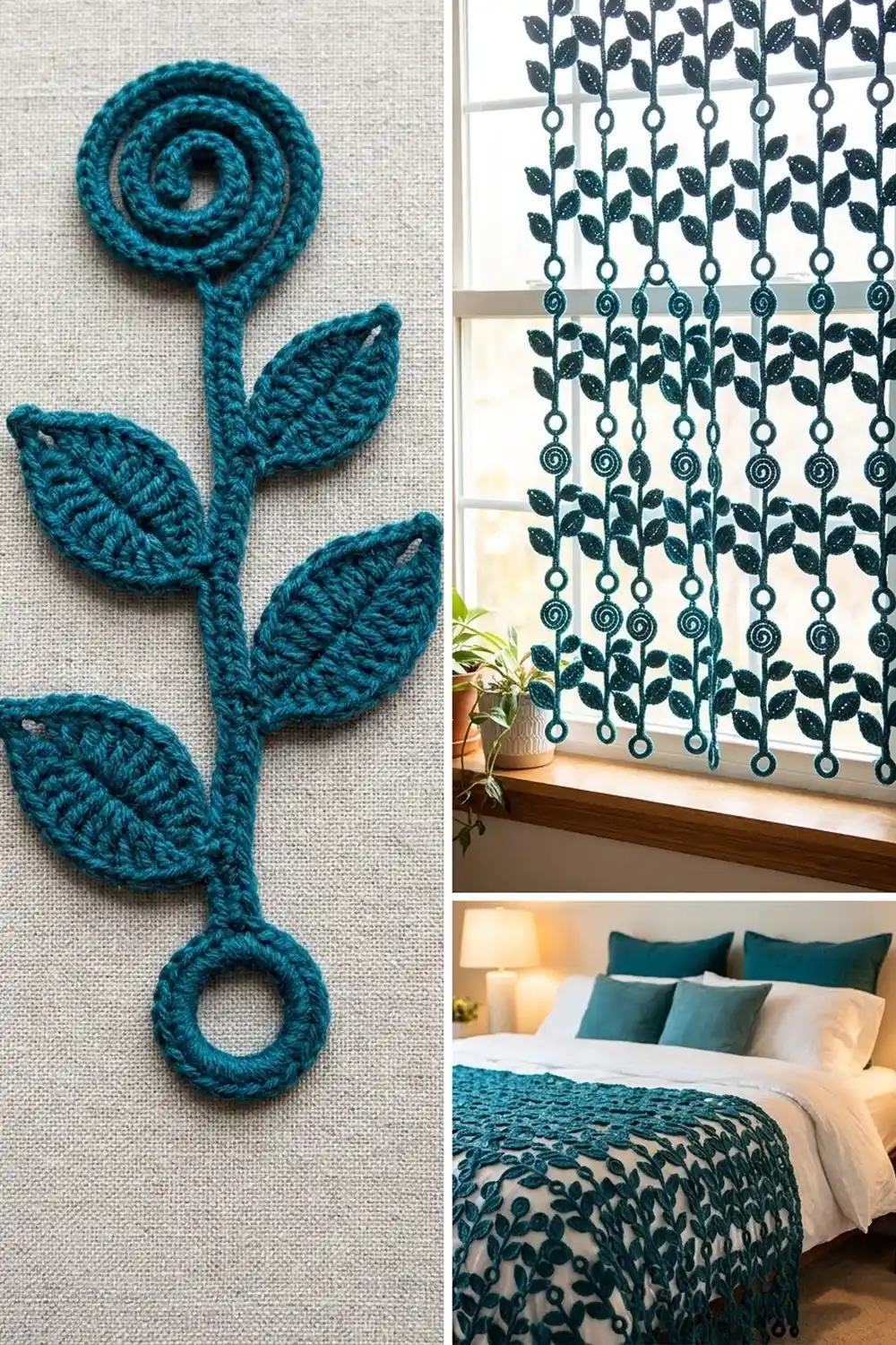 Teal crocheted plant wall art displayed alongside matching window decoration and bedroom bedding in a bright, contemporary home.