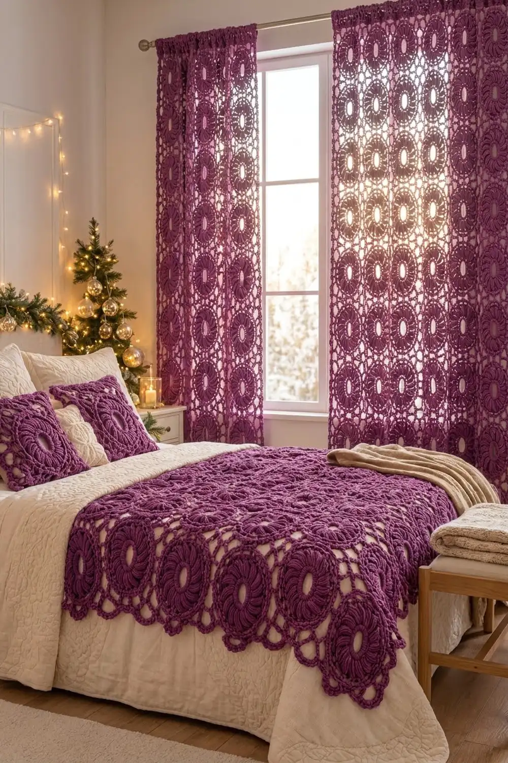 Deep purple crocheted lace bedspread and matching curtains draped on a bed in a holiday-decorated bedroom.