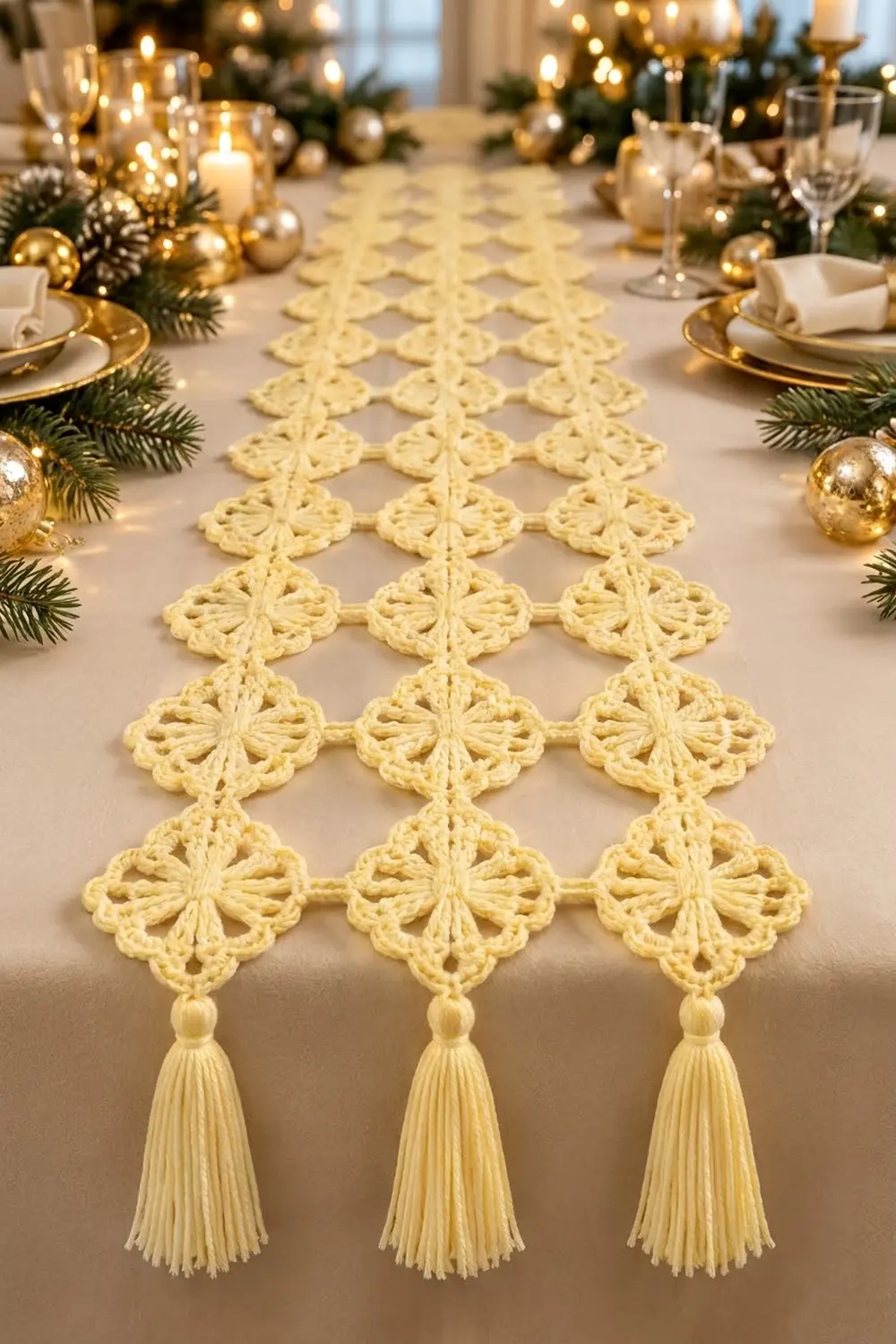 Cream crochet table runner with lace diamond motifs and tassels on a festive holiday table with gold accents and greenery.