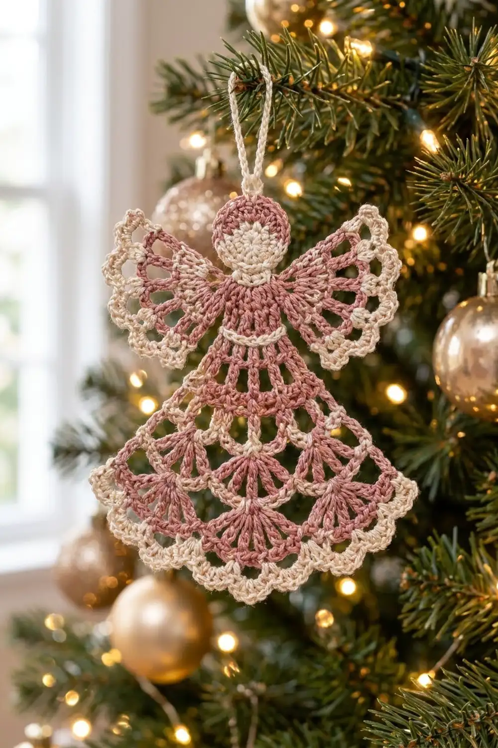 Crocheted angel ornament with cream and blush-pink lace wings and skirt hanging on an evergreen Christmas tree with warm lights.