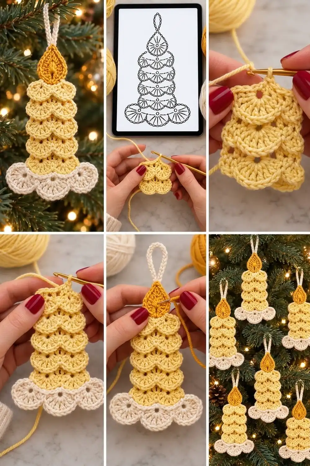 Crocheted Christmas tree ornaments in gold and cream hang from an evergreen tree with warm white lights.