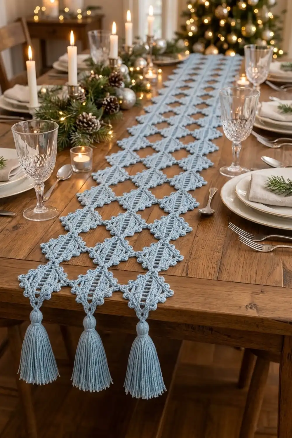 Light blue crocheted table runner with openwork diamond pattern and matching tassels on a holiday-decorated wooden dining table.