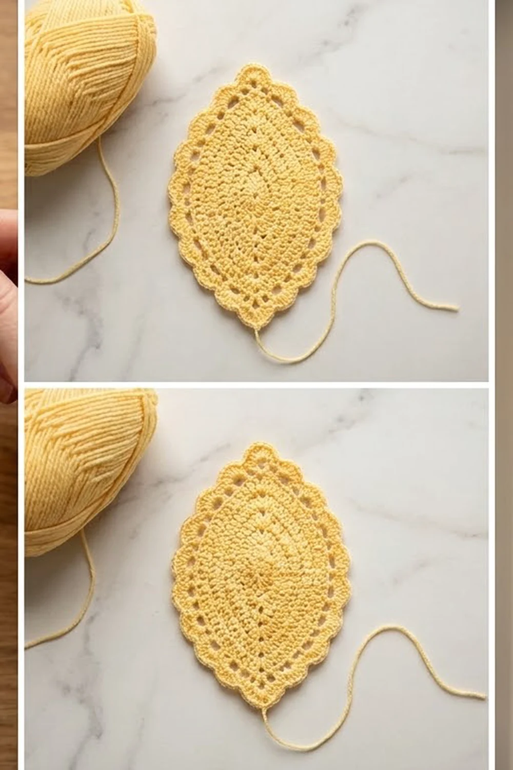 Golden yellow crocheted leaf with delicate lace pattern on white marble surrounded by matching yarn.