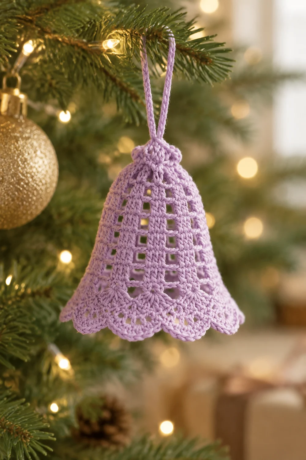 A delicate lavender crocheted bell ornament with openwork pattern hangs from purple ribbon on an evergreen Christmas tree branch.