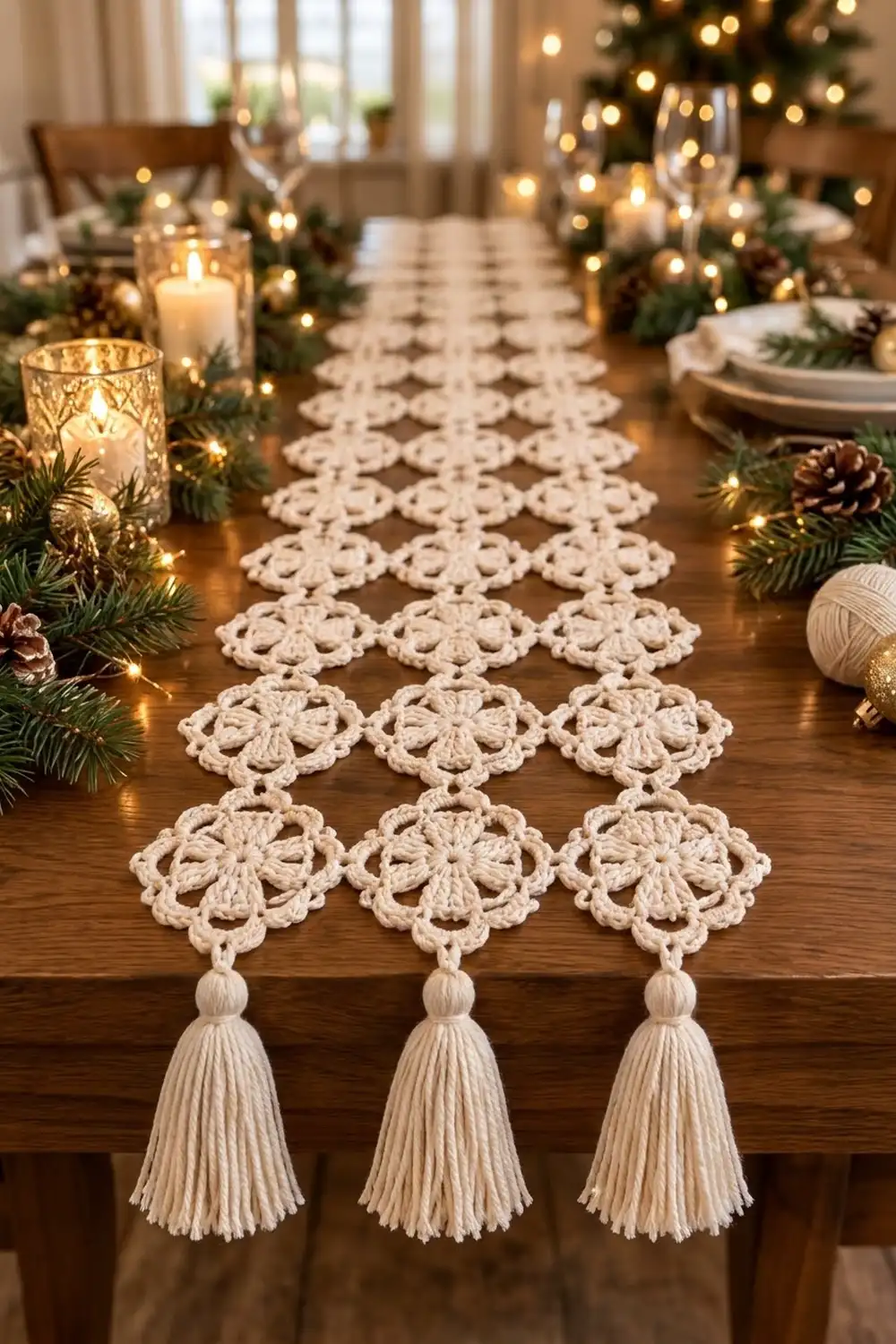 Cream crocheted table runner with hanging tassels on a wood table, styled with holiday garland and candlelight.