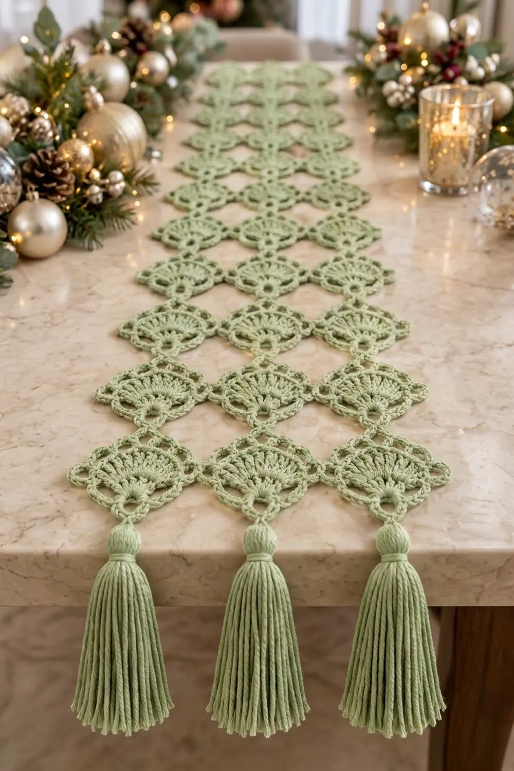 Crocheted sage-green table runner with openwork lace fan motifs and tassel fringe, styled with holiday ornaments and candlelight.