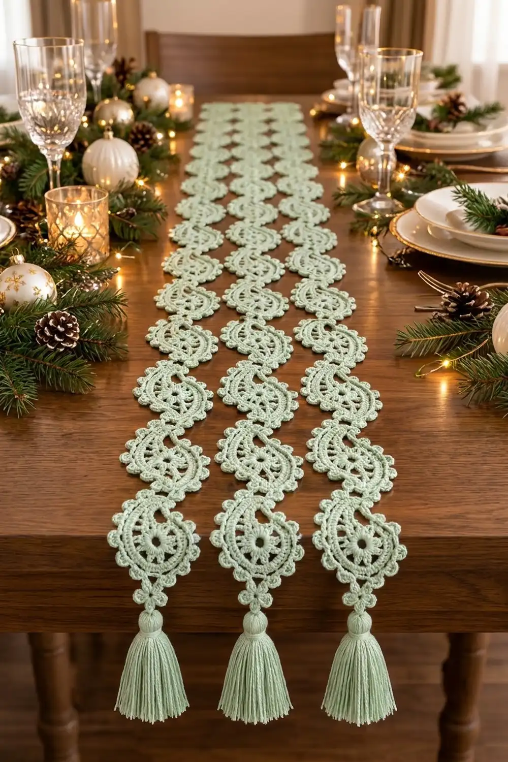 Light green crocheted table runner with decorative motifs and tassel ends on an elegantly decorated holiday dining table.