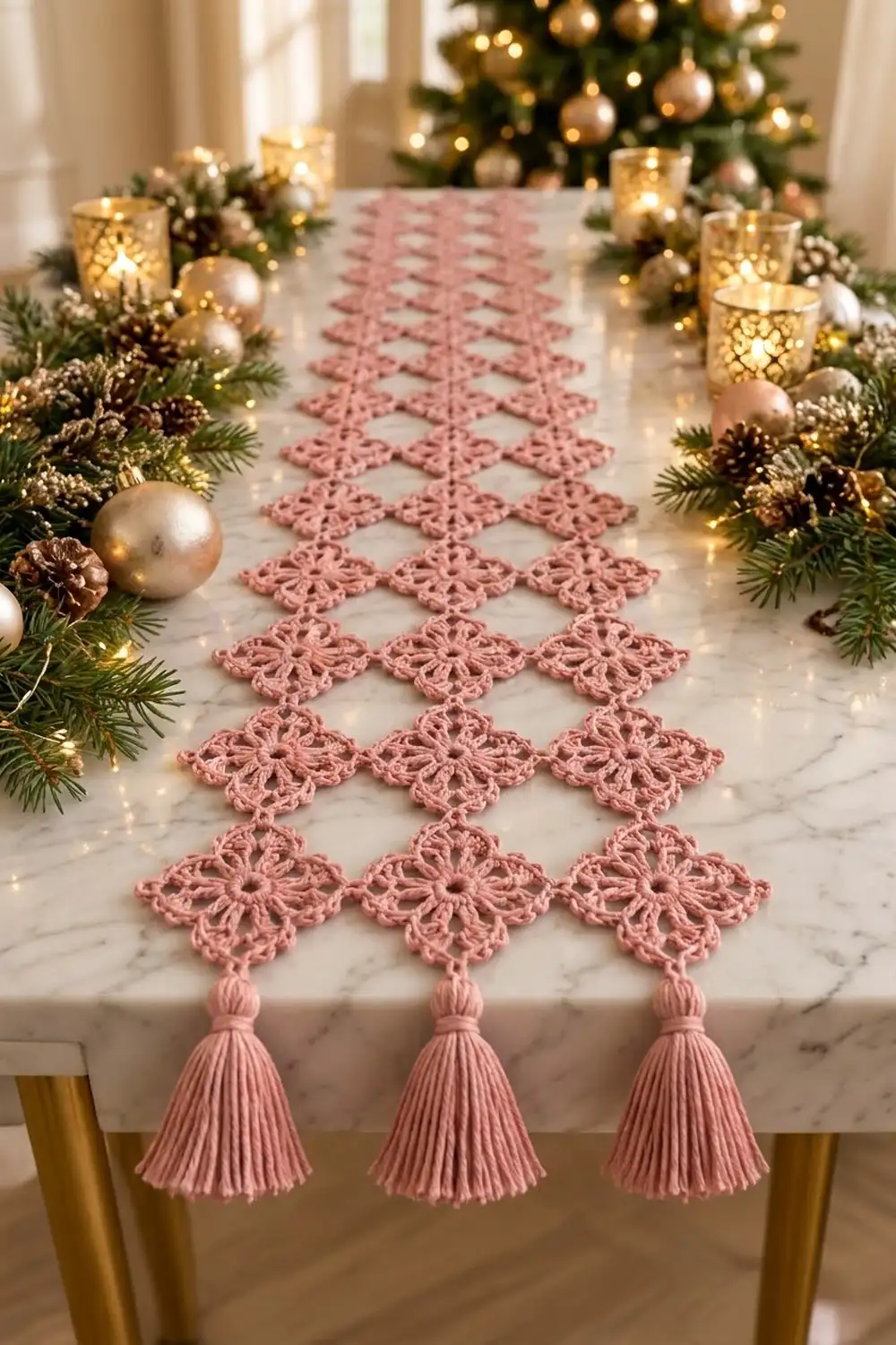 Pink lace crochet table runner with tassels on white marble, flanked by gold candles and holiday decorations.