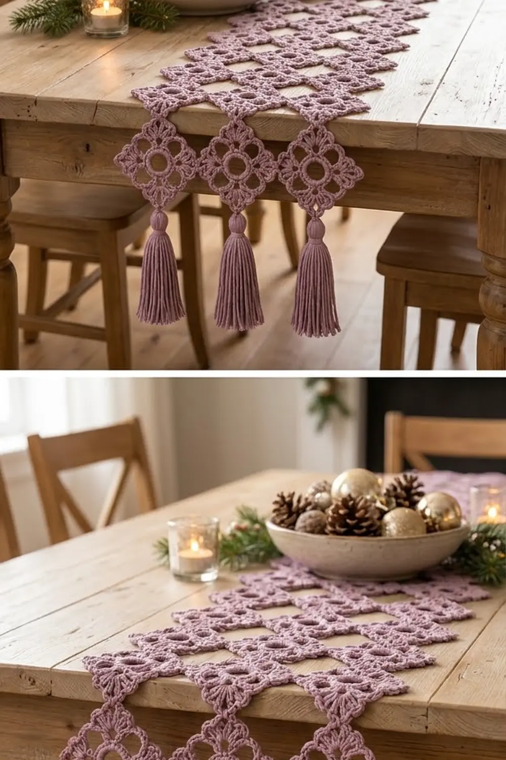 Lavender crochet table runner with tassel fringe displayed on wooden dining table with holiday centerpiece.