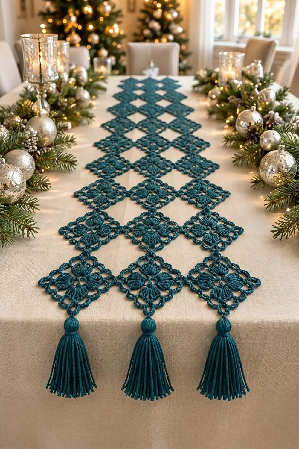 Teal crocheted table runner with tassel trim displayed on a festive Christmas table with silver ornaments and holiday garland.
