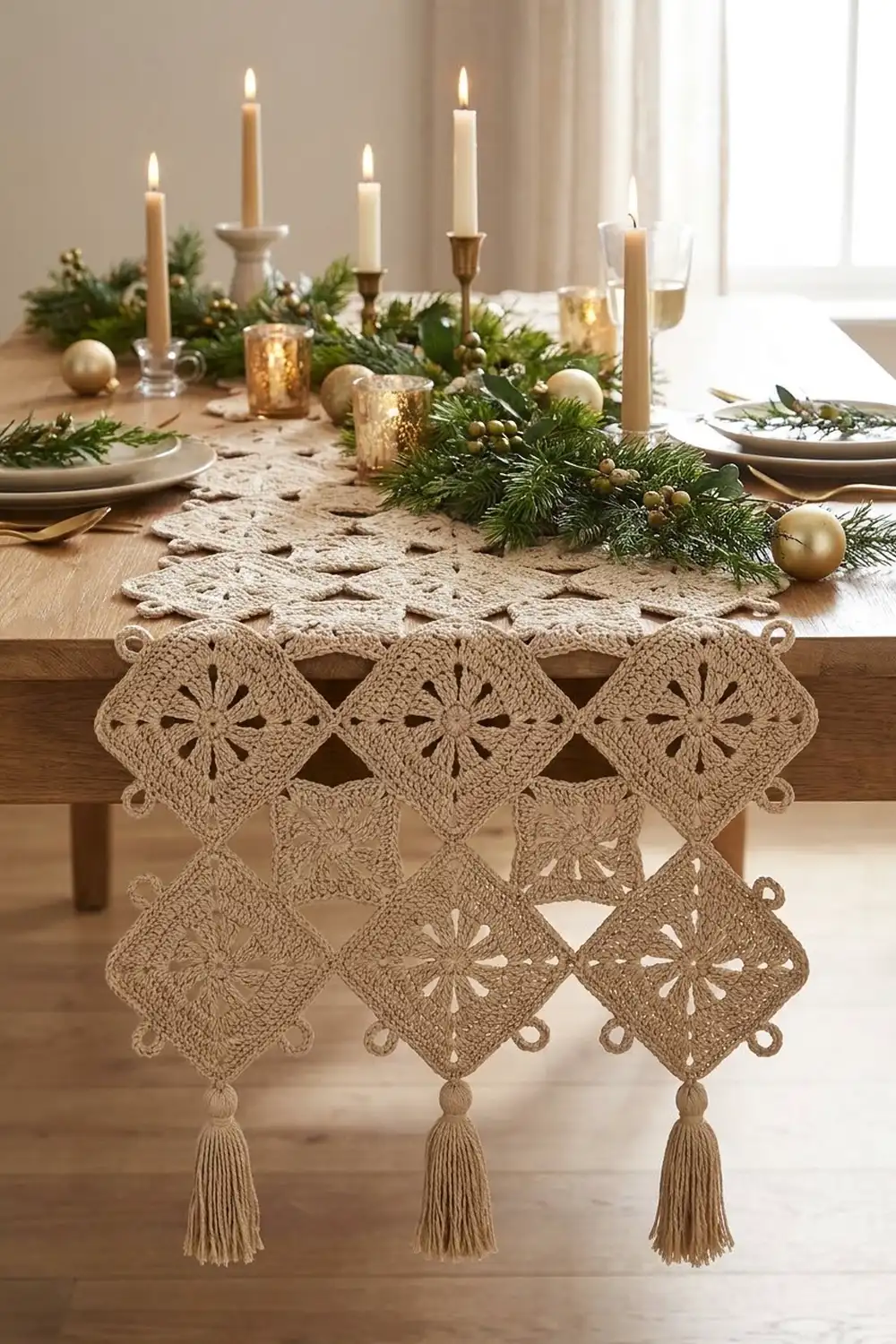 Cream crochet table runner with diamond lace pattern draped off a wooden table set for a formal holiday dinner.