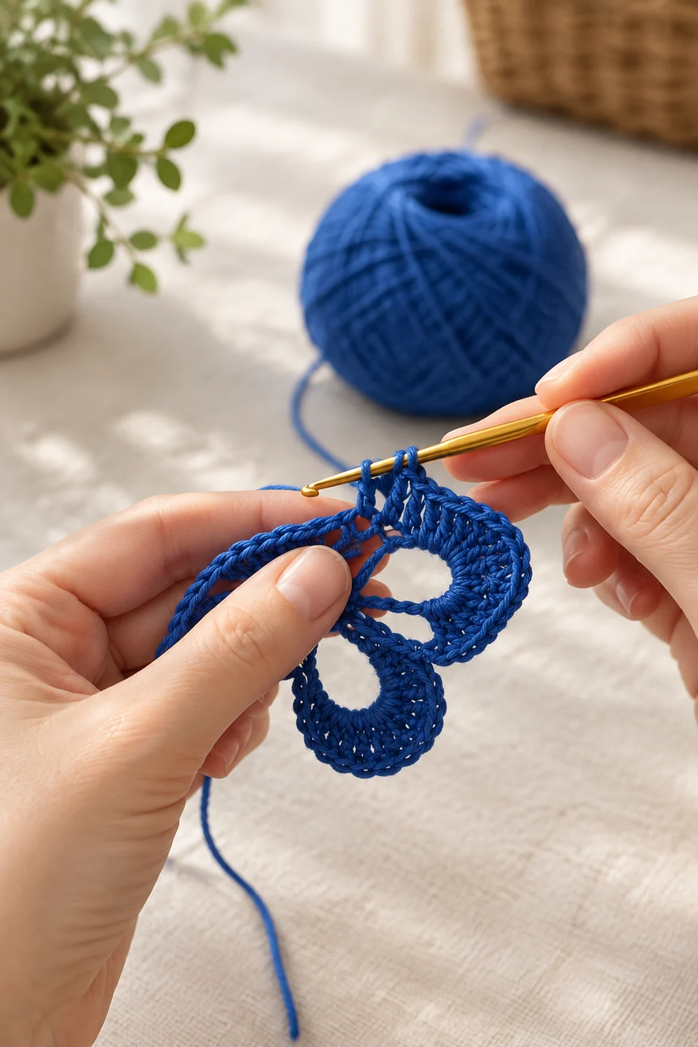 Hands holding a crochet hook working blue yarn into a delicate lace pattern with a yarn ball nearby.