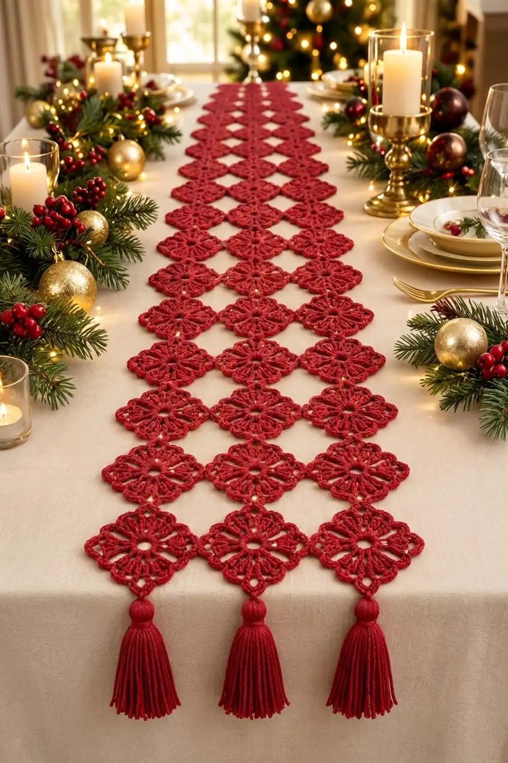 Burgundy crochet table runner with diamond lattice pattern and tassels centers a festive holiday table with gold ornaments and candlelight.