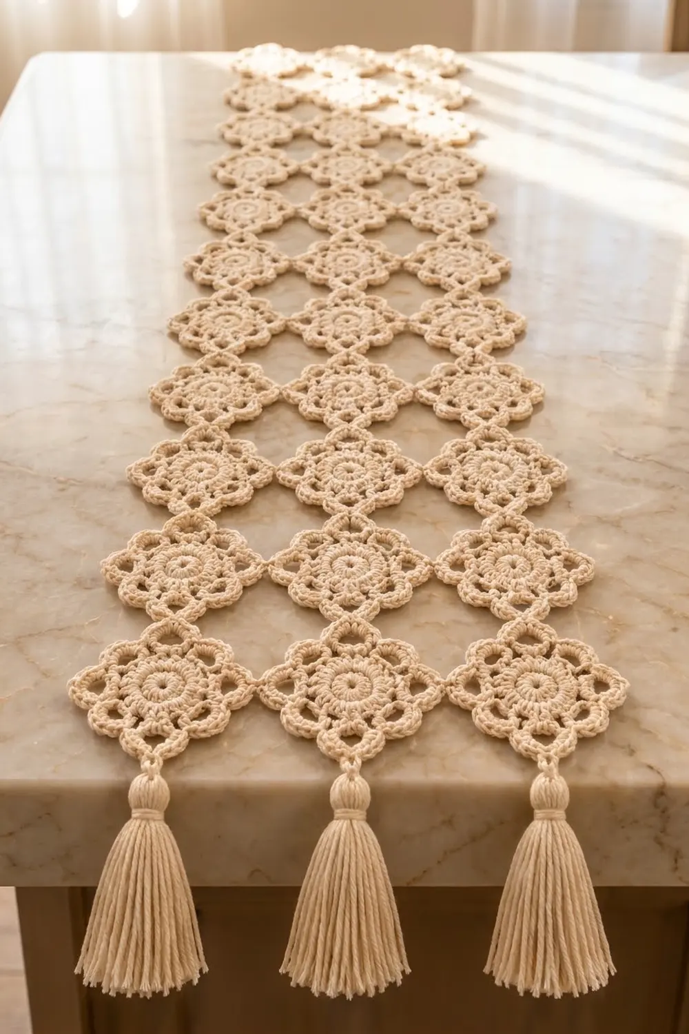 Cream-colored crochet table runner with ornate square motifs and tassel trim displayed on a marble-topped table.
