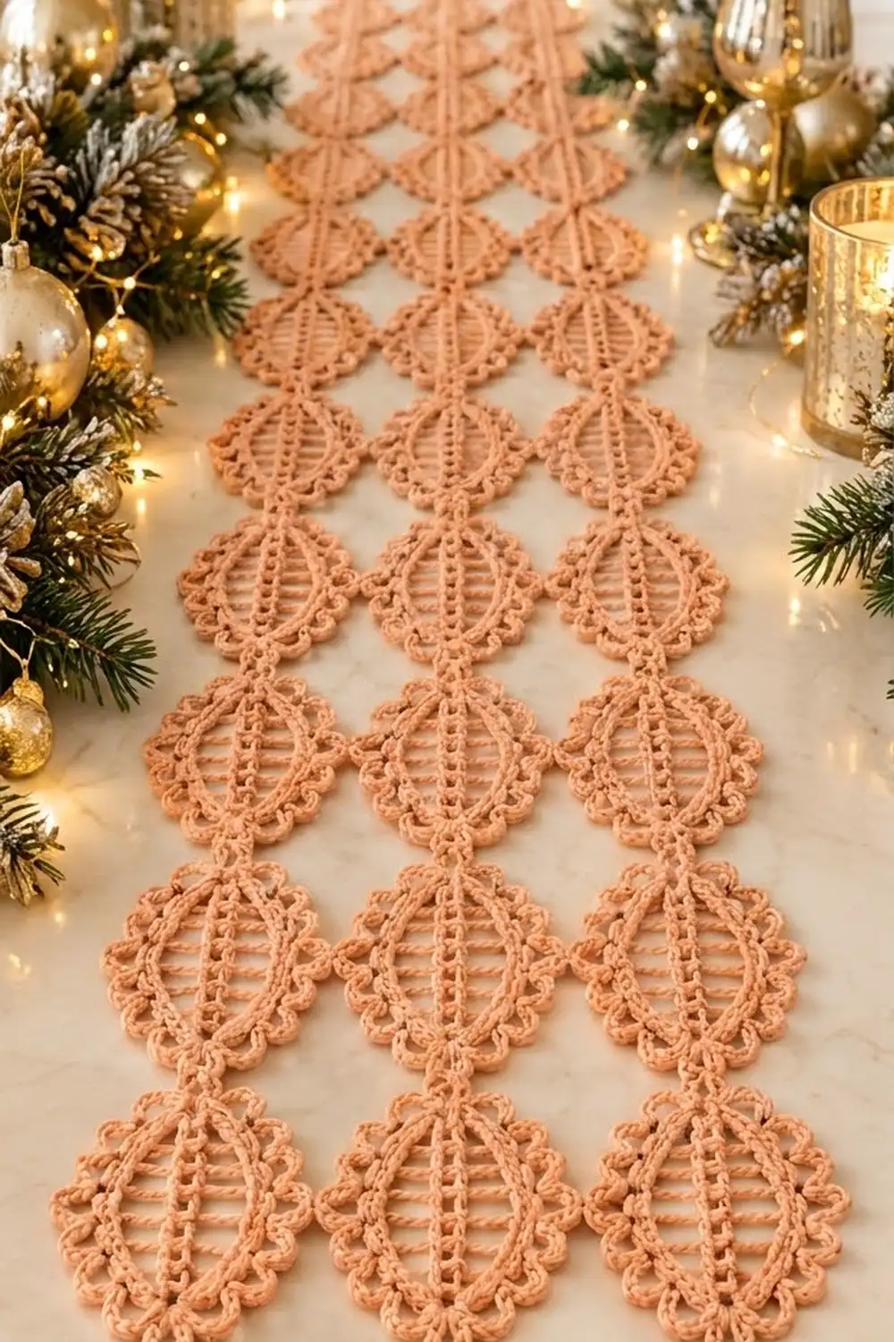 Peach crochet openwork table runner with geometric diamond pattern, styled with holiday ornaments, greenery, and gold candles.