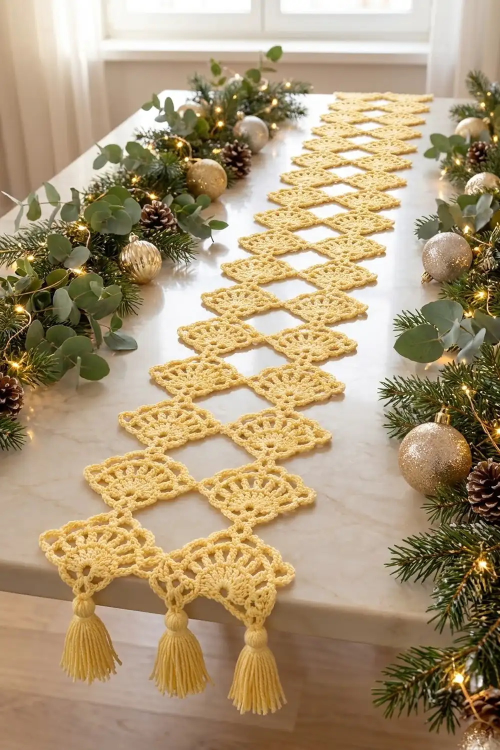 Golden crocheted lace table runner with tassel fringe styled on white table with holiday garlands and ornaments.