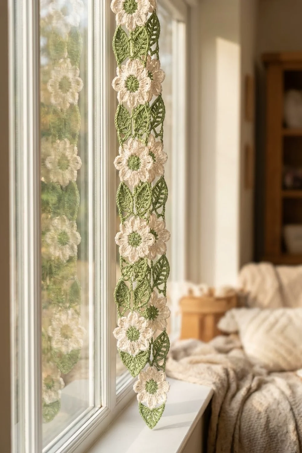 Crocheted flower garland with cream blooms and green leaves hanging on a bright window frame above a cozy bedroom.