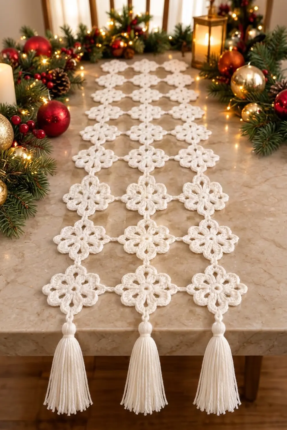 White crocheted table runner with flower motifs and tassels on marble, surrounded by red and gold ornaments and evergreen branches.