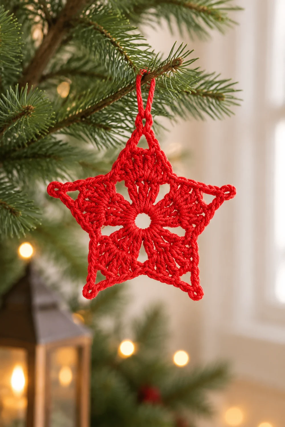 A red crocheted star ornament hangs from an evergreen branch, surrounded by warm twinkling lights and holiday decor.