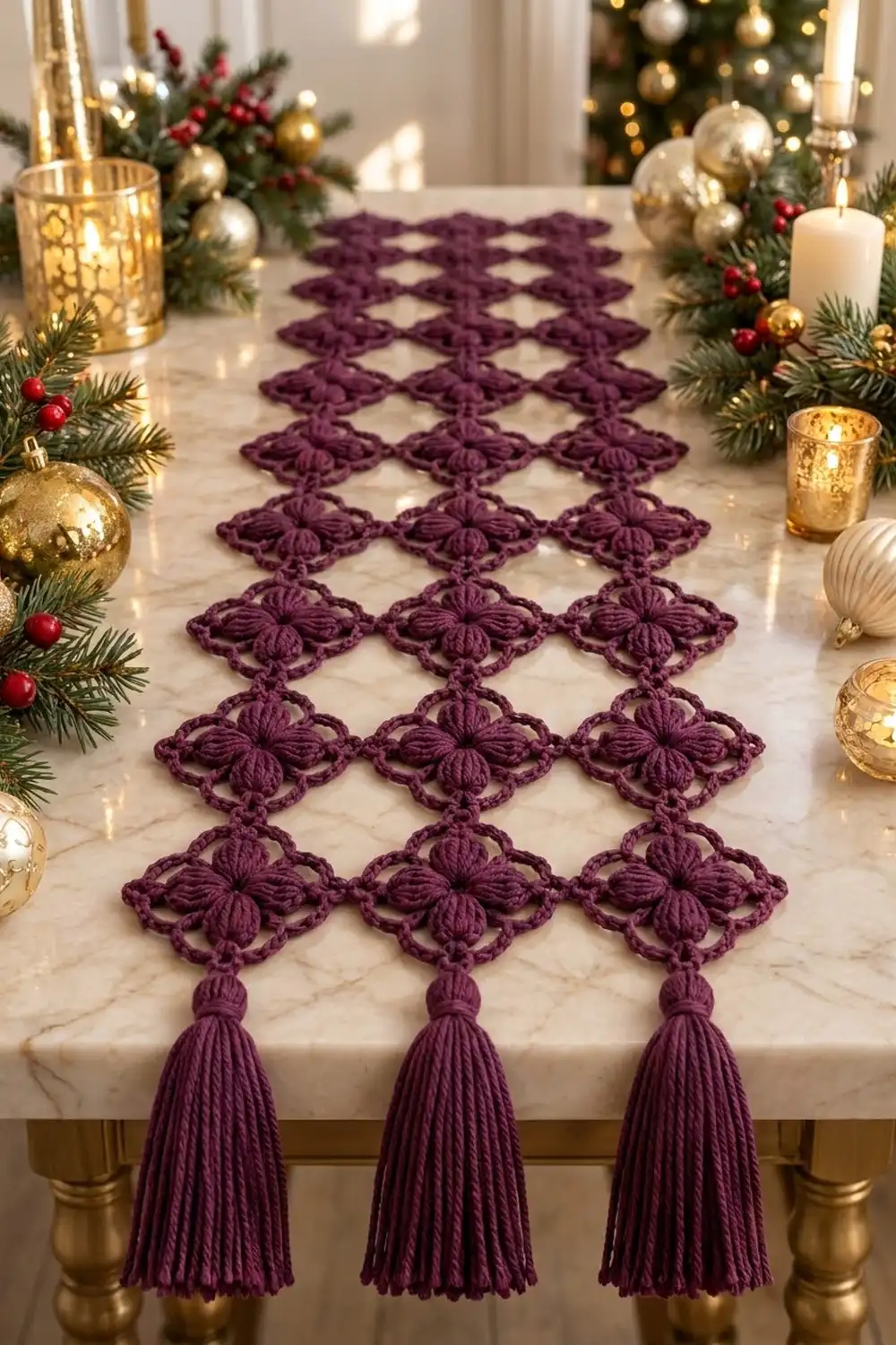 Deep plum crocheted table runner with ornate motifs and tassels on marble, surrounded by gold candles and holiday greenery.