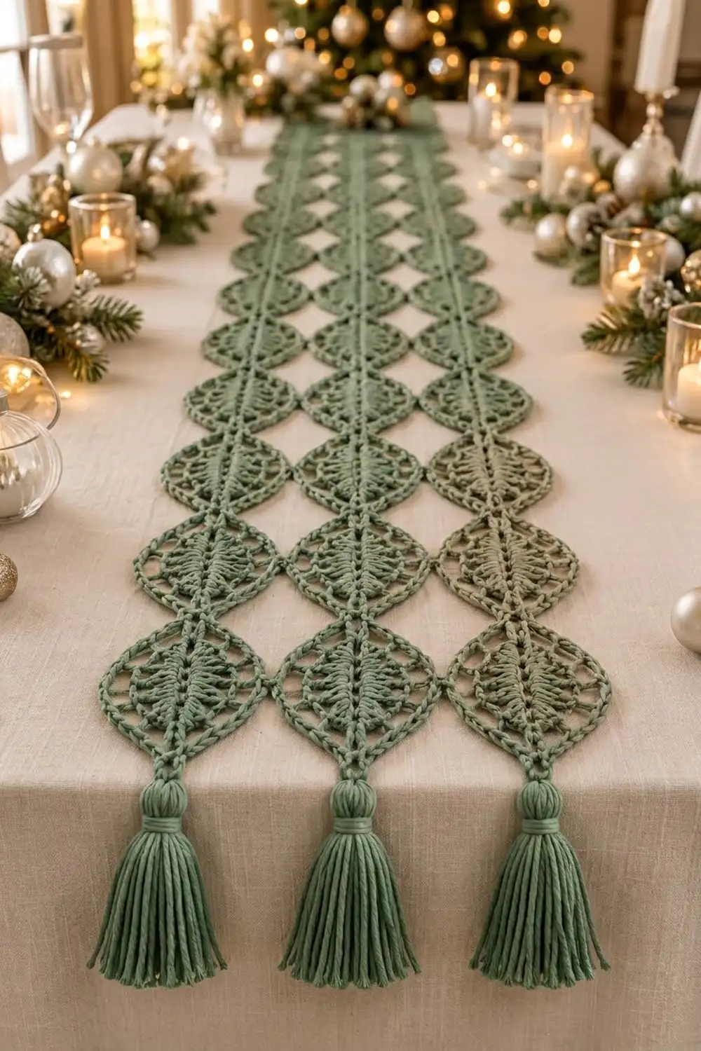 Green crocheted table runner with diamond fern motifs and tassels adorning a holiday-decorated dining table with baubles and candles.