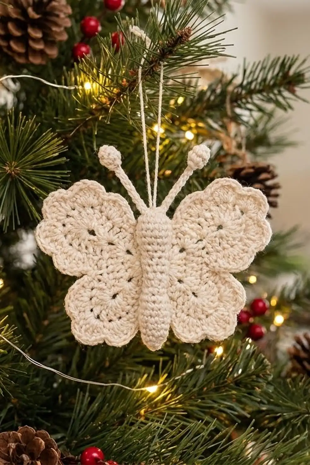A cream crocheted butterfly ornament hangs on a Christmas tree with green needles, golden lights, red berries, and pinecones.