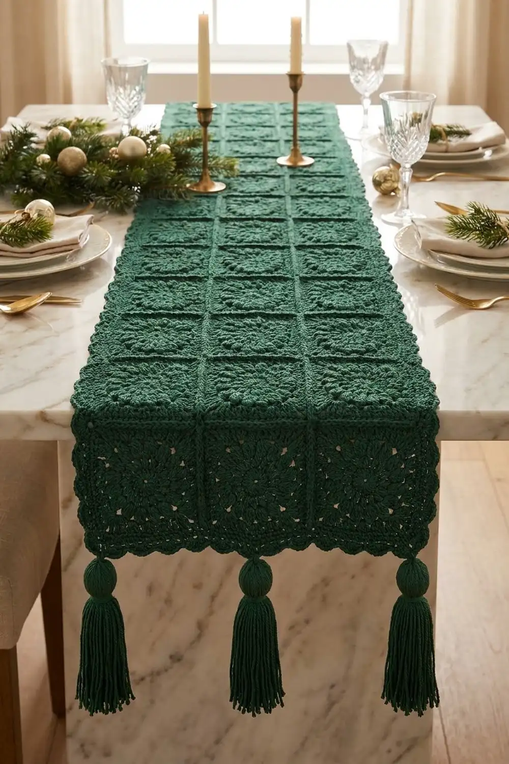 Green crocheted table runner with decorative tassels adorns a formal holiday dining table with candles and evergreen garlands.