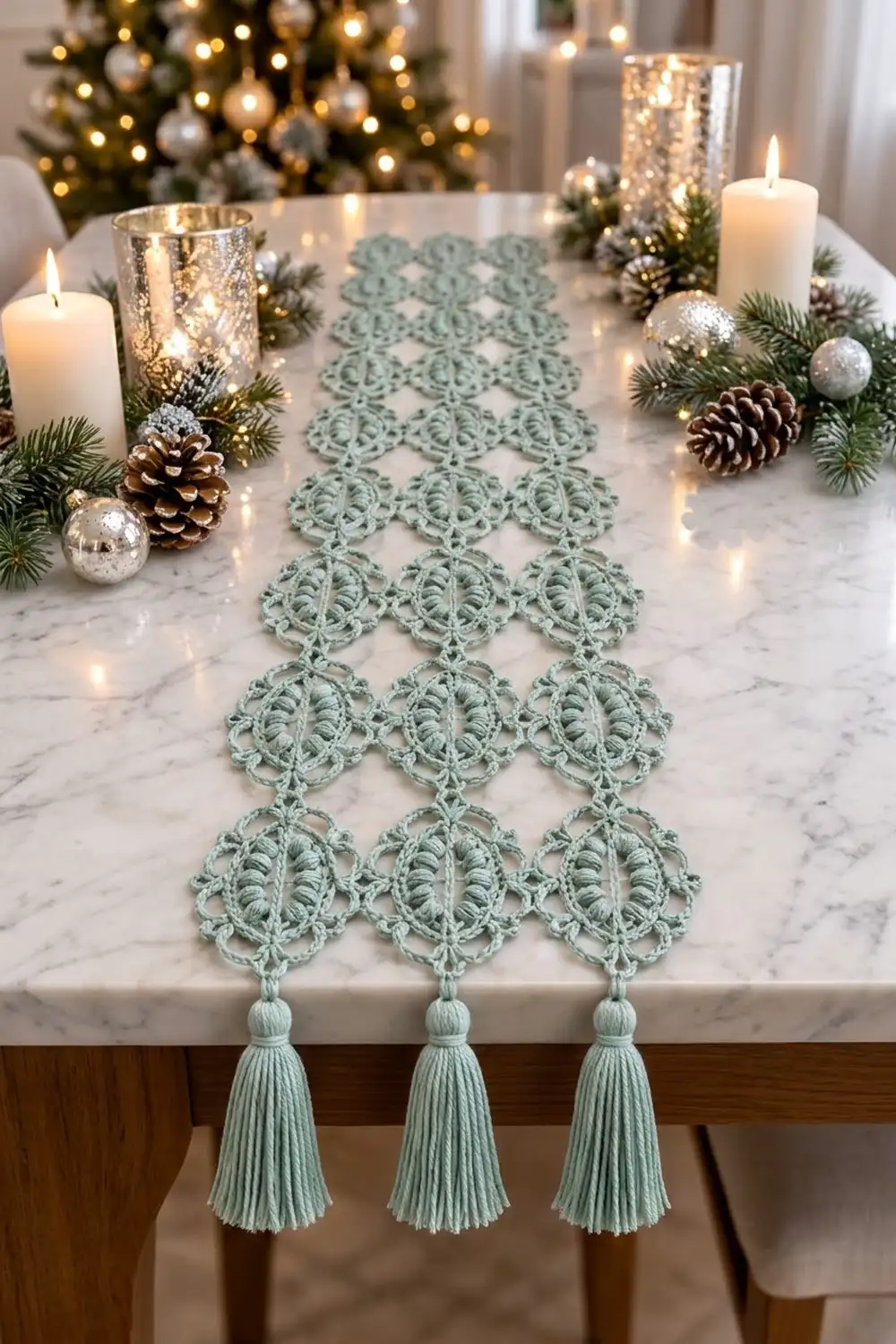Sage green crocheted table runner with tassels on marble, styled with lit candles, pinecones, evergreens, and silver ornaments.