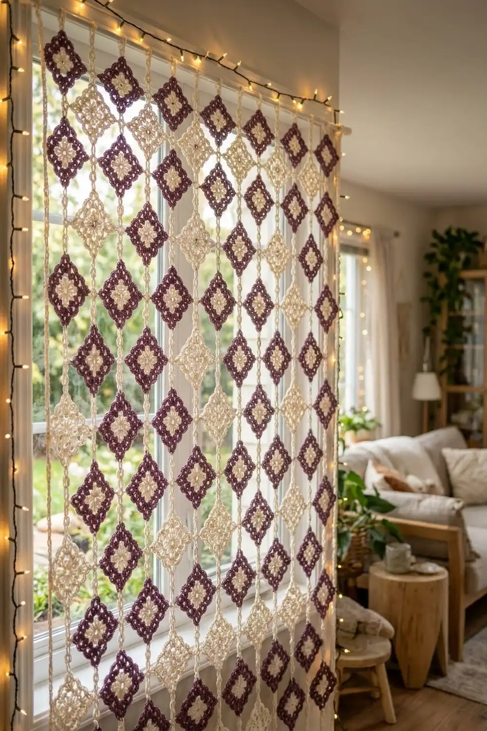 Crocheted burgundy and cream diamond-motif hanging with warm string lights suspended in a sunlit living room.