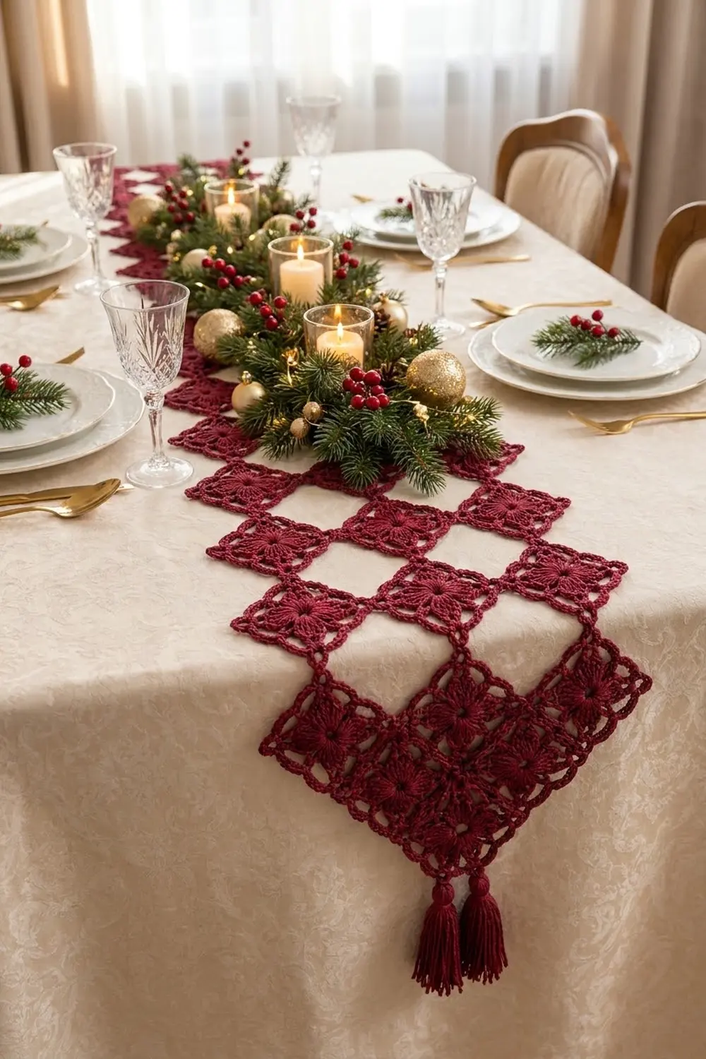 Burgundy crocheted lace table runner with tassels adorns formal holiday dinner table with green florals, candles, and elegant place settings.