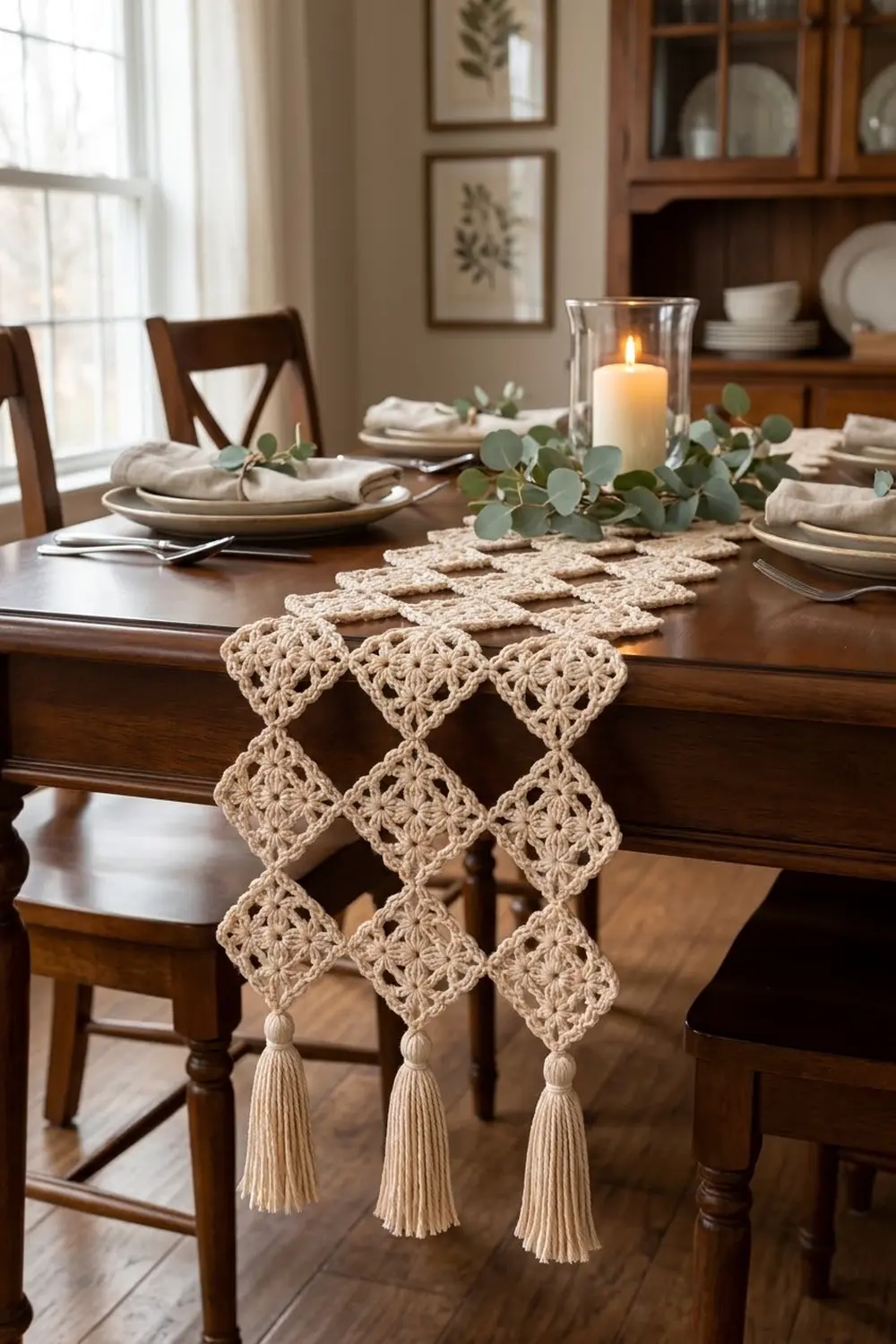 Cream crocheted table runner with geometric diamonds and tassels adorns a formal dining table setting with candles and greenery.