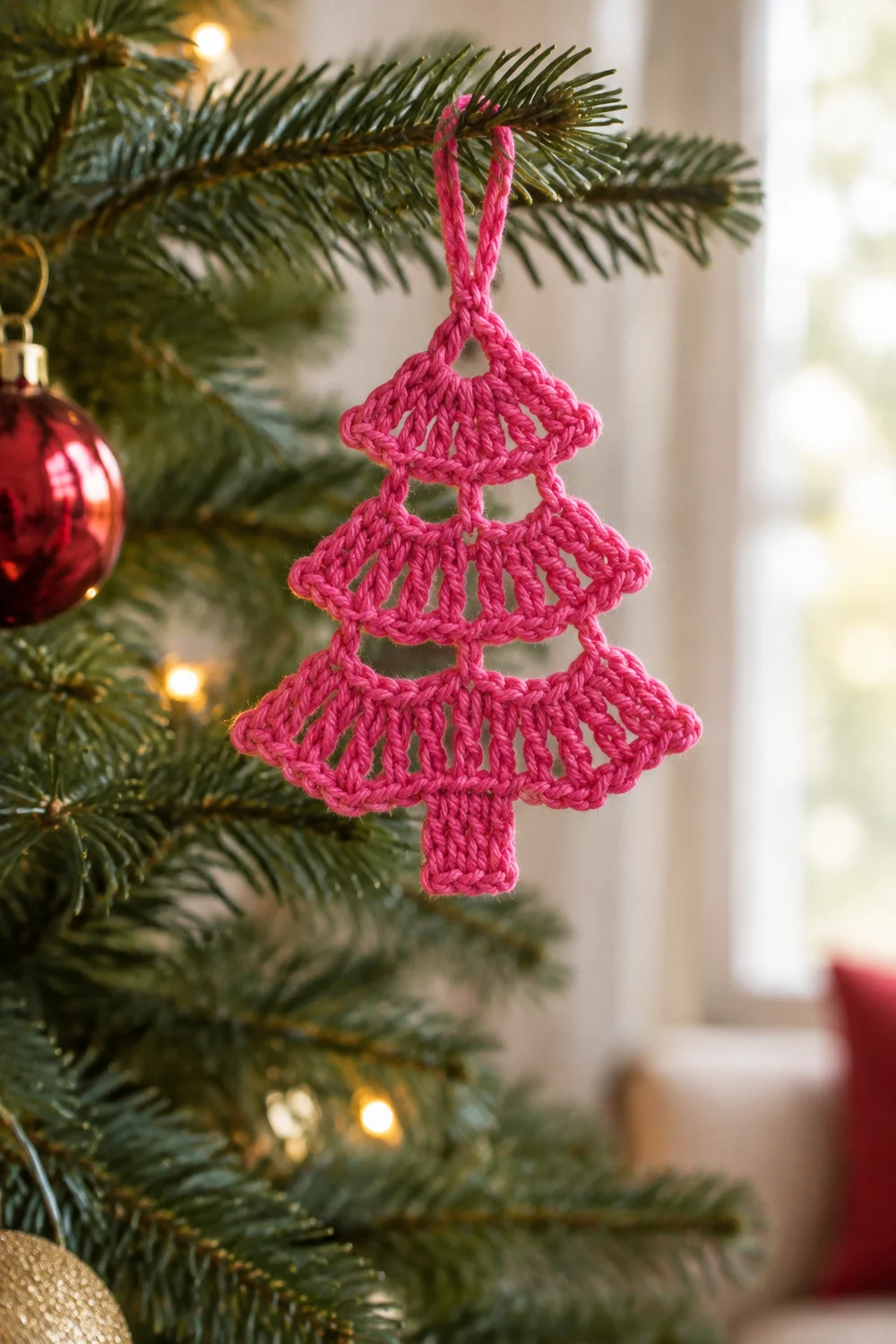 A pink crocheted Christmas tree ornament hangs from an evergreen branch among lights and red baubles.