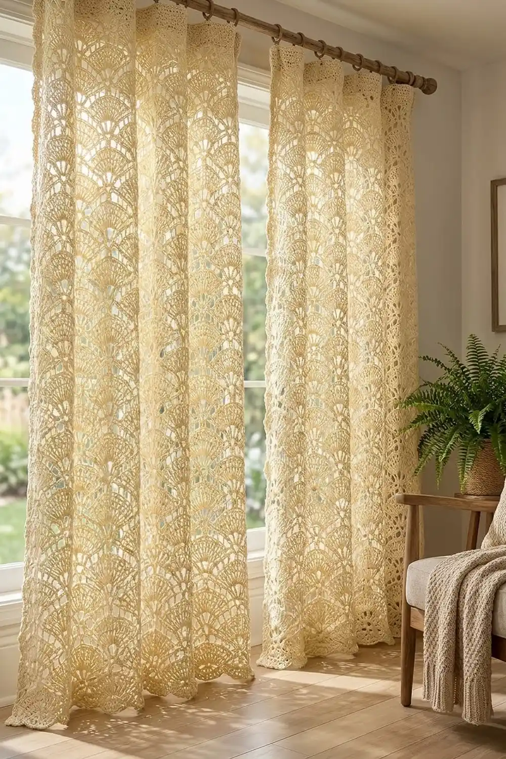 Cream crochet curtains on brass rod frame sunlit window, with wooden furniture and potted fern plant in bright, airy room.