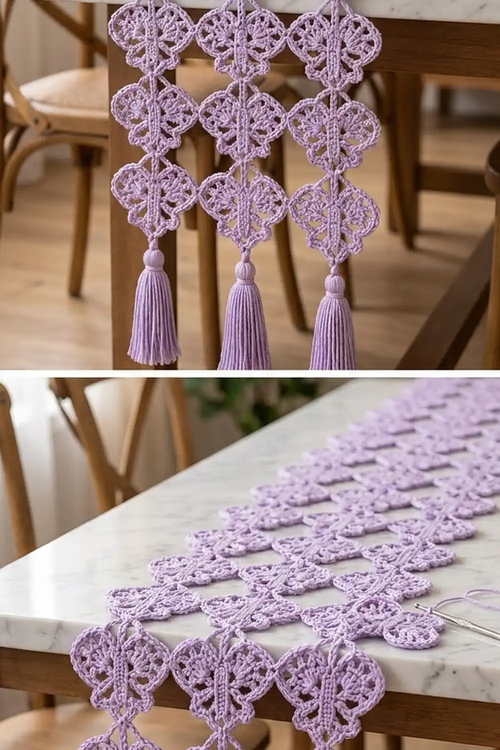 Lavender crocheted lace garland with ornamental diamond motifs and hanging tassels in a contemporary dining room.