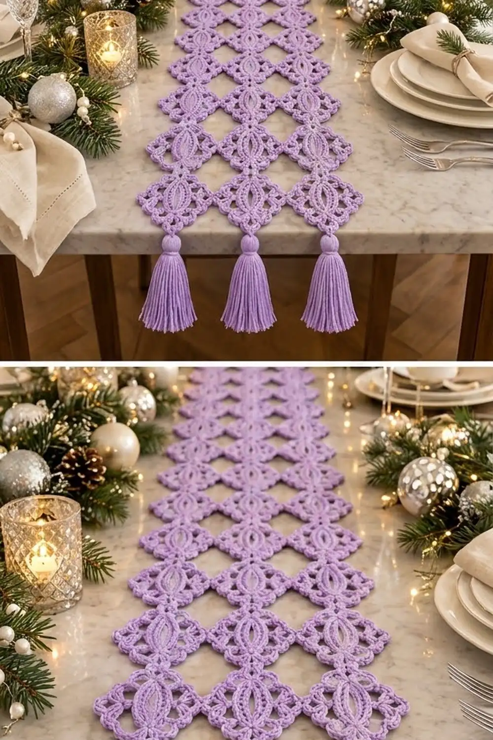 Lavender lace crochet table runner with tassel trim displayed on a formal holiday dining table.