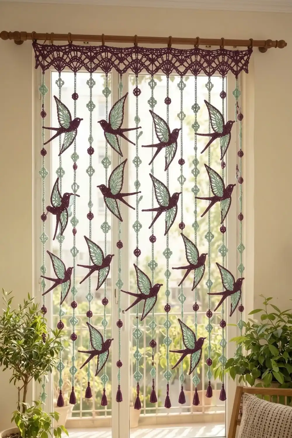 Burgundy macramé curtain with green-winged birds and beaded strands hanging in front of a bright window.