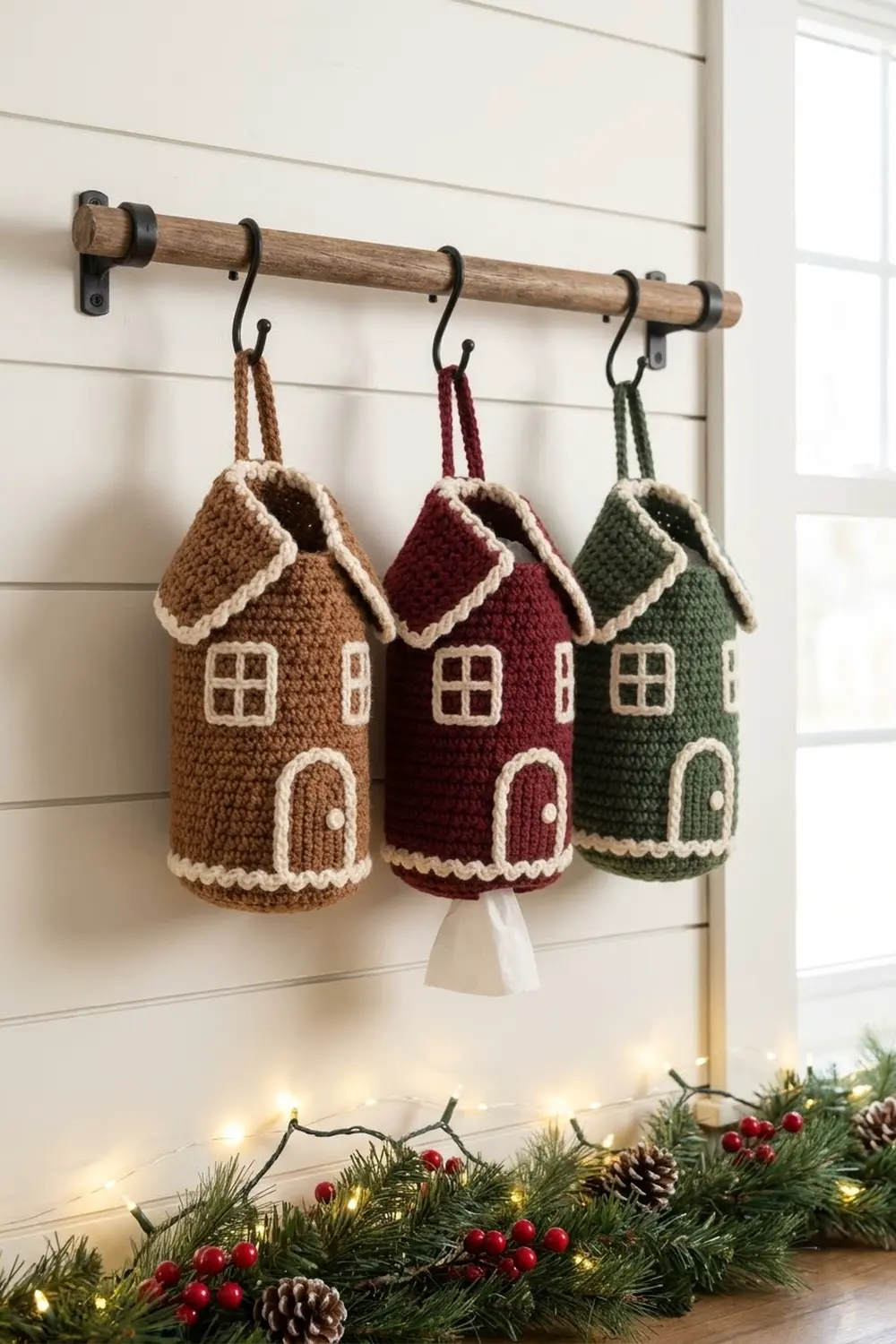 Crocheted gingerbread houses in brown, burgundy, and green hang from a wooden rod above holiday garland with twinkling lights.